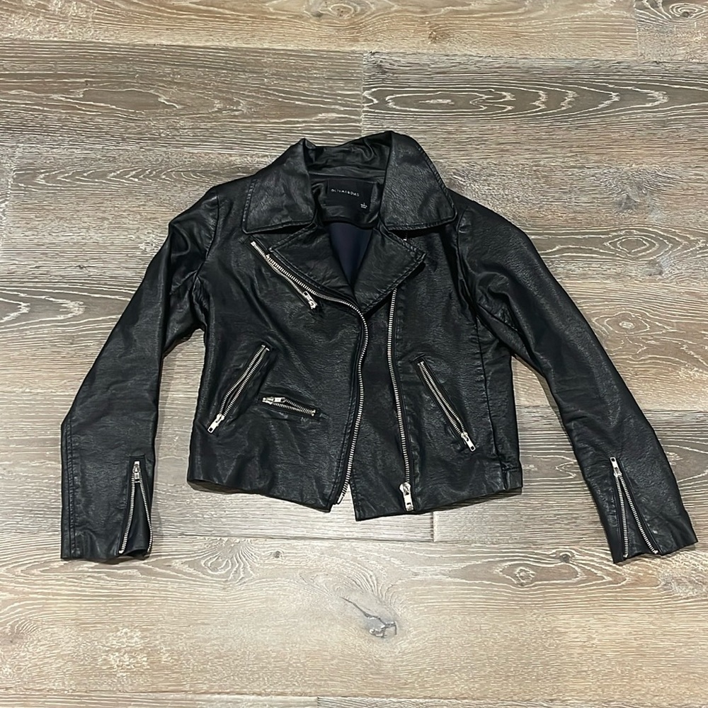 Olivaceous - Faux Leather Jacket with Zippers (L)